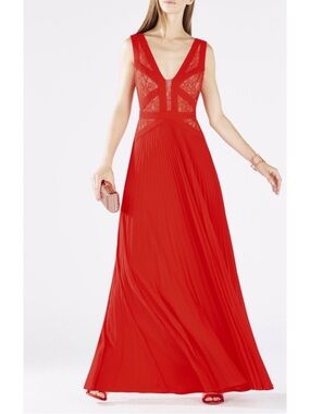 BCBGMaxAzria Red V-Neck Lace Panel Pleated Maxi Dress